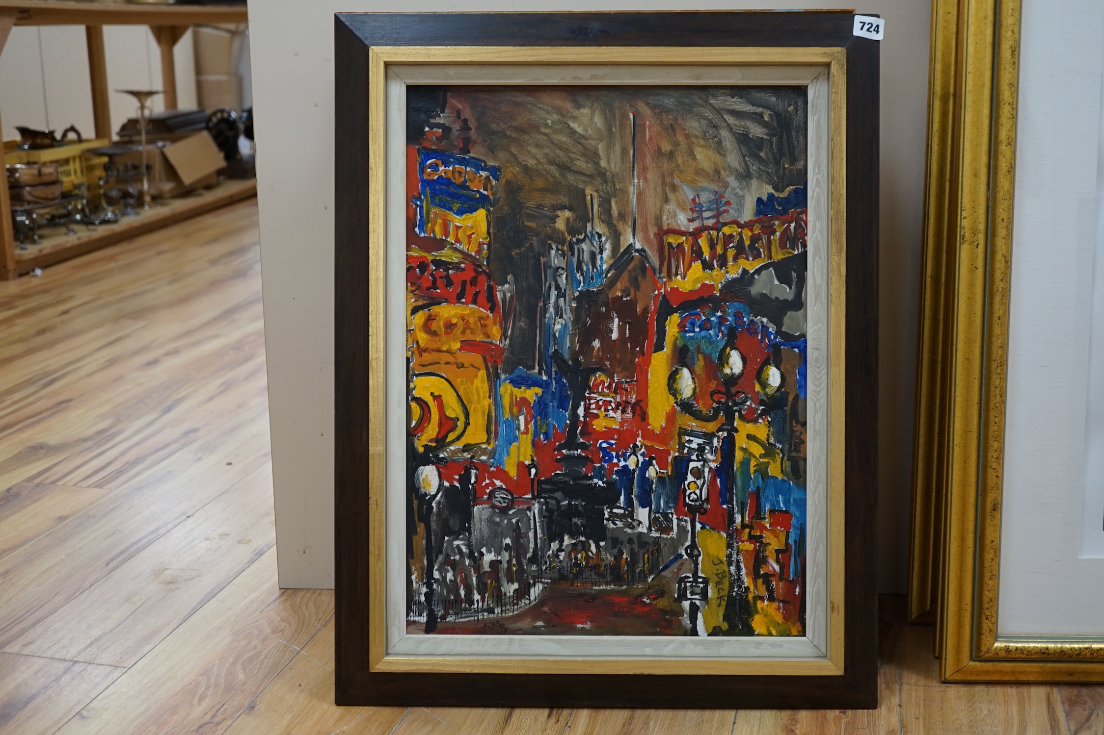 J. Beck, contemporary oil on canvas, Abstract street scene with lamp posts, signed, 55 x 40cm. Condition - good